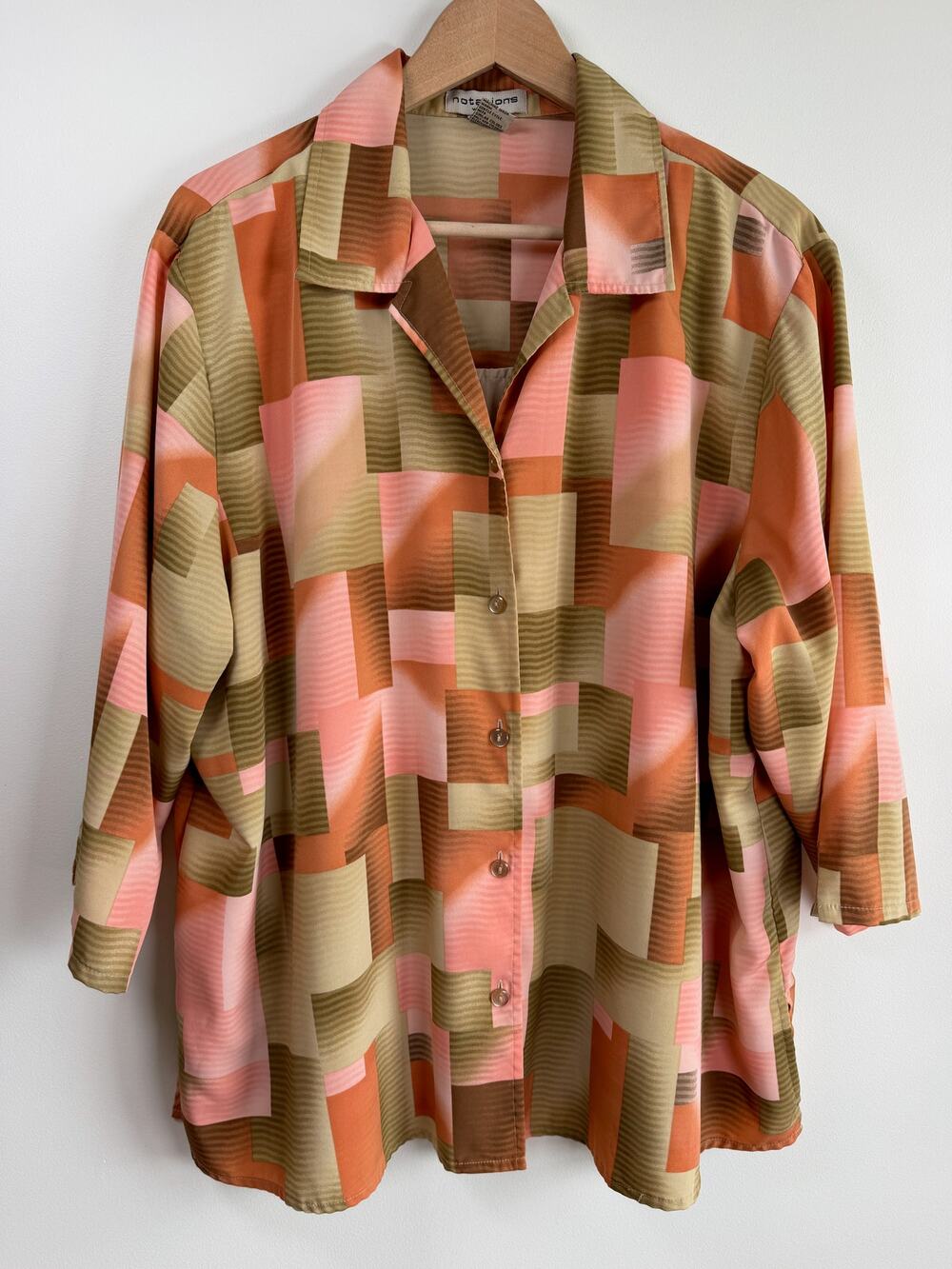 Vintage Notations 80s Blouse Geometric Colorblock Pink Beige Shoulder Pads Sz 2X